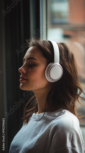 Woman with headphones listening to music at home.