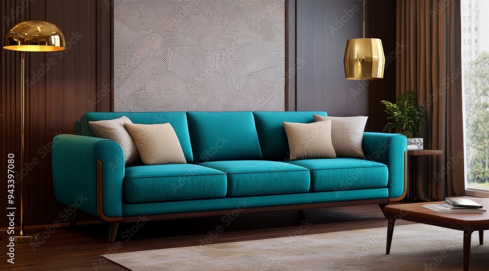 Fototapeta premium Turquoise Blue Sofa with Beige Cushions and Gold Floor Lamp