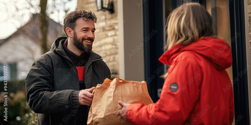 Smiling delivery man delivers fresh groceries to a happy customer at home, showcasing convenience and excellent service Smiling delivery man delivers fresh groceries to a happy customer at home, showcasing convenience and excellent service