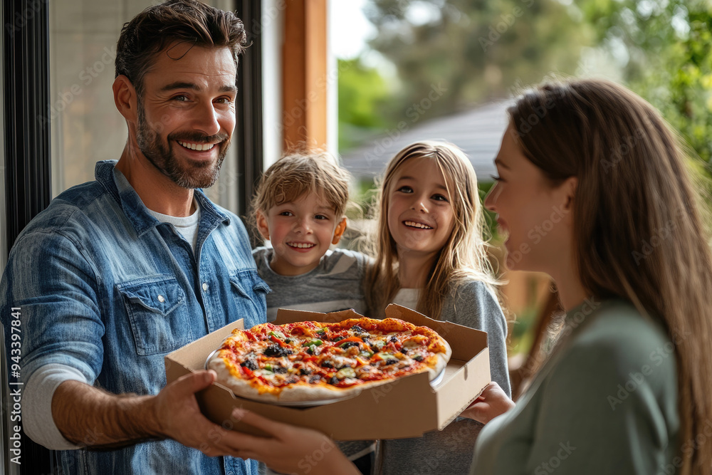 The family received a delicious pizza with melted cheese, pepperoni and basil on a crispy crust via delivery service, perfect for lunch or dinner. A filling fast food option. The family received a delicious pizza with melted cheese, pepperoni and basil on a crispy crust via delivery service, perfect for lunch or dinner. A filling fast food option.