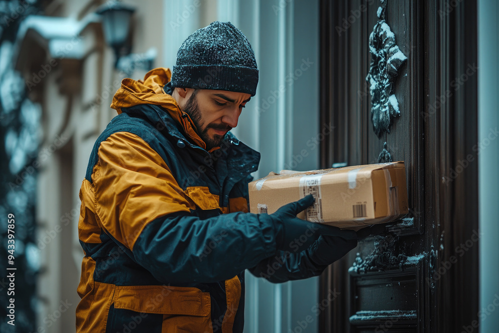 Smiling delivery man delivers fresh groceries to a happy customer at home, showcasing convenience and excellent service Smiling delivery man delivers fresh groceries to a happy customer at home, showcasing convenience and excellent service