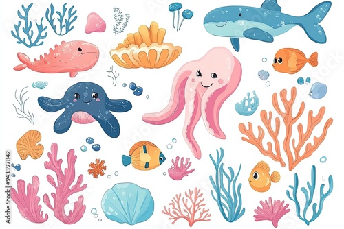 Big set with cute sea animals, shells, corals, seaweed. Kawaii sea life character elements. Generative Ai