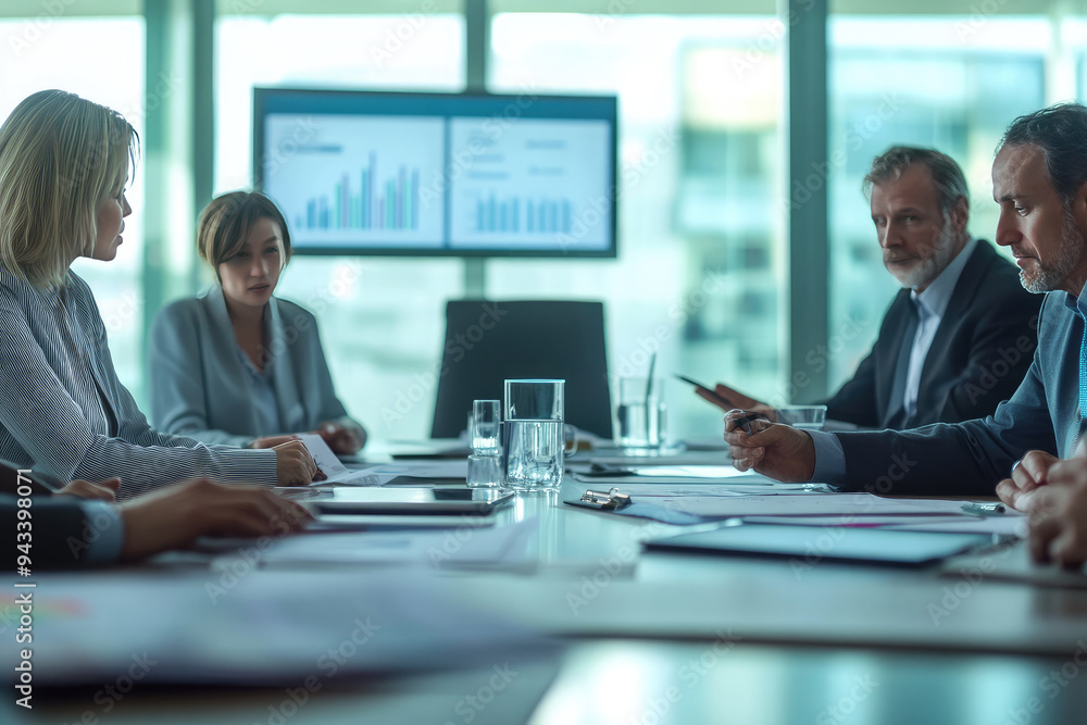Business people in formal wear sitting at a table in a conference room, having a discussion about financial charts and data displayed on a screen Business people in formal wear sitting at a table in a conference room, having a discussion about financial charts and data displayed on a screen