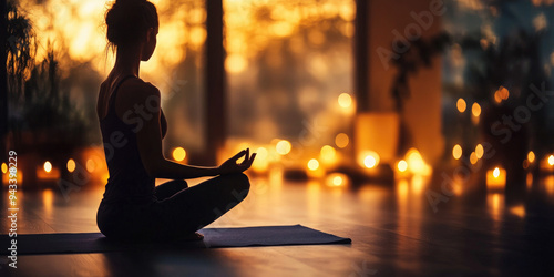 Woman is practicing yoga and meditating in her living room in the evening, sitting in lotus position on a yoga mat, surrounded by candles