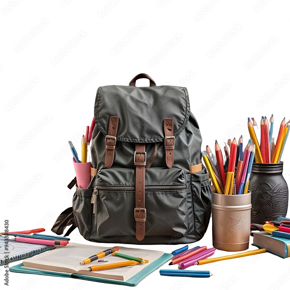 A colorful classroom scene with a backpack, pencils, and notebooks on a desk, ready for the first day back to school. The chalkboard in the background is filled with writing. A colorful classroom scene with a backpack, pencils, and notebooks on a desk, ready for the first day back to school. The chalkboard in the background is filled with writing.