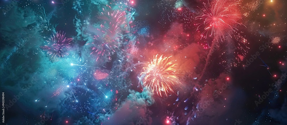 Fototapeta premium Vibrant fireworks illuminate the dark sky creating a striking display with copy space image