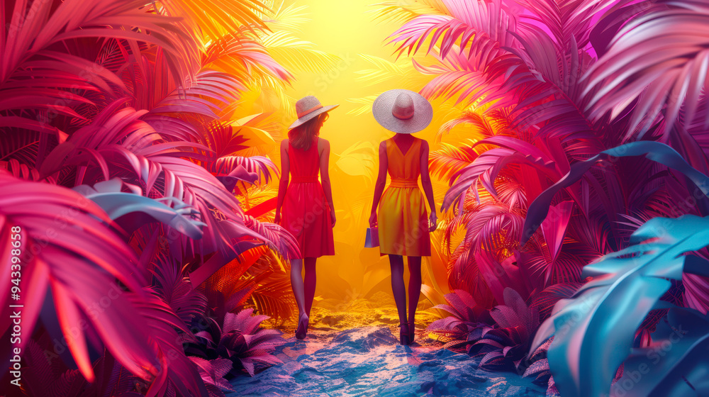 Fototapeta premium The concept of sales. Two women are walking through the jungle with pink, yellow and blue leaves. The scene is bright and cheerful. Black Friday is a night of discounts and promotions