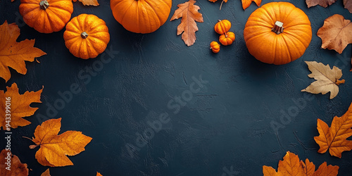 Charming autumn frame with pumpkins and leaves on a dark backdrop. Harvest Festival. Thanksgiving Day. Flat lay, top view. Copy space. Mock up