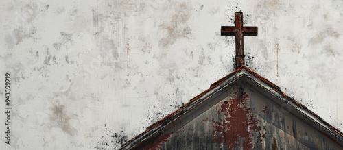 A cross depicted on the roof of a church with copy space image available