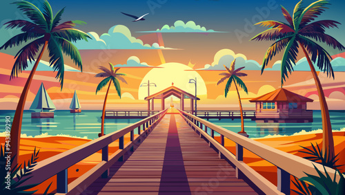 Panorama view of footbridge to the Smathers beach at sunrise - Key West, Florida. photo