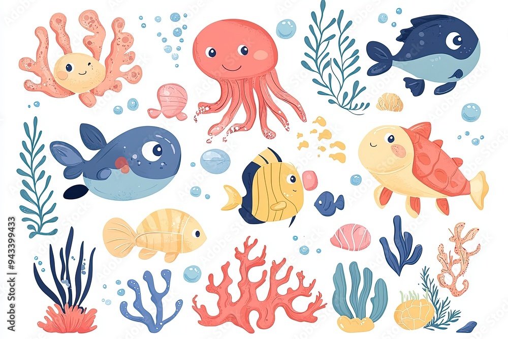 Big set with cute sea animals, shells, corals, seaweed. Kawaii sea life character elements. Generative Ai Big set with cute sea animals, shells, corals, seaweed. Kawaii sea life character elements. Generative Ai