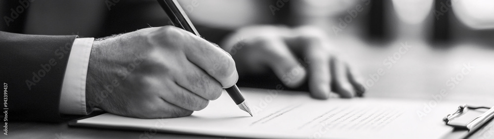 Obraz Business hand holding a pen over a contract, signing document. Hand holding pen and signing legal contract agreement