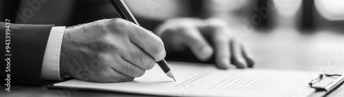 Business hand holding a pen over a contract, signing document. Hand holding pen and signing legal contract agreement