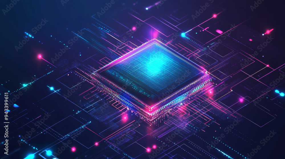 Abstract digital technology background featuring an isometric AI chip with an AI hologram. Includes a circuit tech background with connected lines and electric lightning. Showcases a bright neon blue
Abstract digital technology background featuring an isometric AI chip with an AI hologram. Includes a circuit tech background with connected lines and electric lightning. Showcases a bright neon blue
