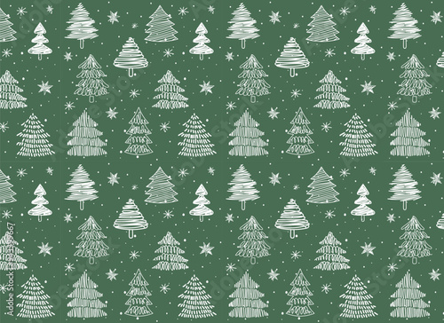 New Year.Cute and beautiful christmas trees seamless pattern, hand drawn doodle sketch and decorated trees - great for textiles, banners, wallpapers, cards - vector surface design. Green background.