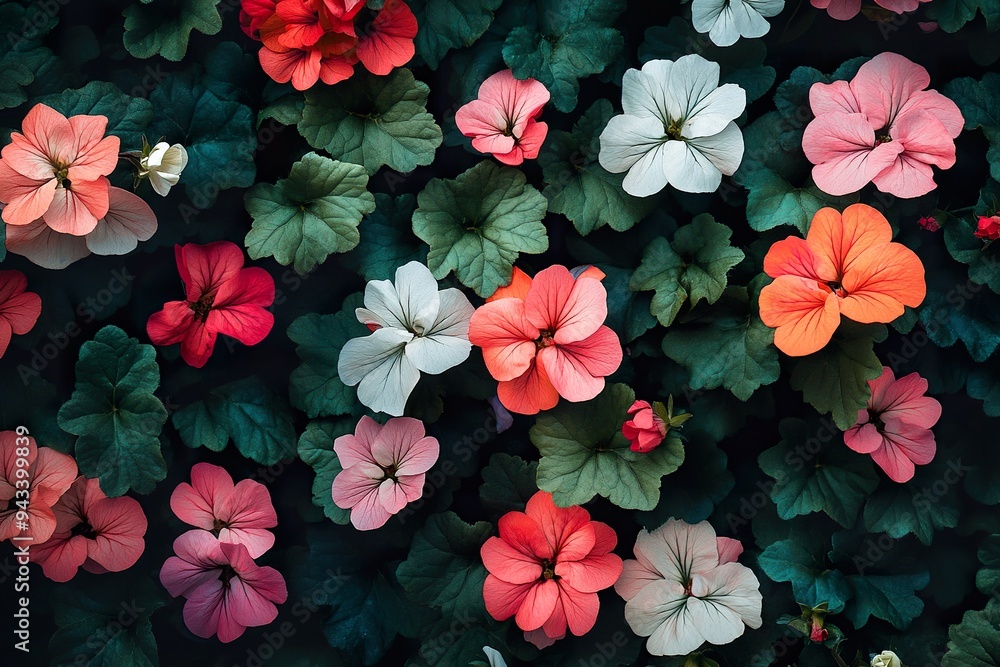 A bed of colorful geraniums, with bright red, pink, and white flowers contrasting against dark green leaves A bed of colorful geraniums, with bright red, pink, and white flowers contrasting against dark green leaves