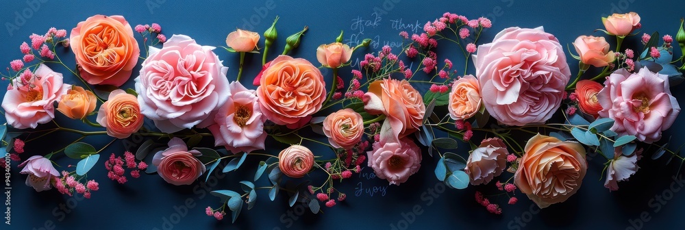 A vibrant arrangement of pink and orange roses with delicate foliage on a deep blue background. Generative AI A vibrant arrangement of pink and orange roses with delicate foliage on a deep blue background. Generative AI