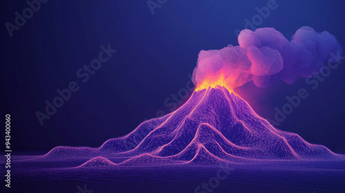 Abstract digital volcano with smoke and lava, set against a technology blue background. Features a volcanic eruption depicted in a low poly wireframe vector style with a 3D effect. Includes a polygona photo