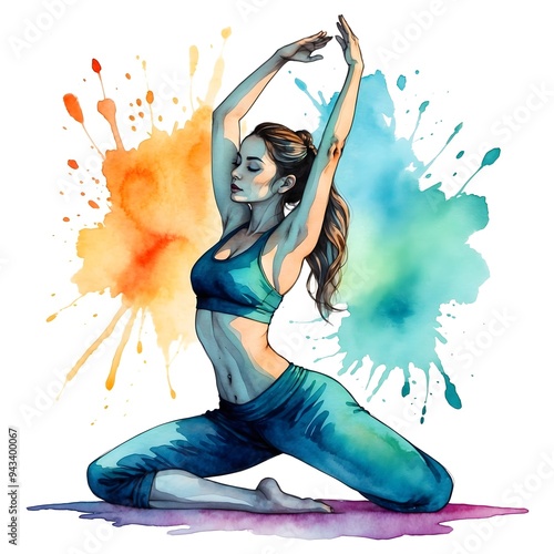 Colorart - Aquarell-Stil - Hübsche Frau in dynamischer Pose - Yoga photo