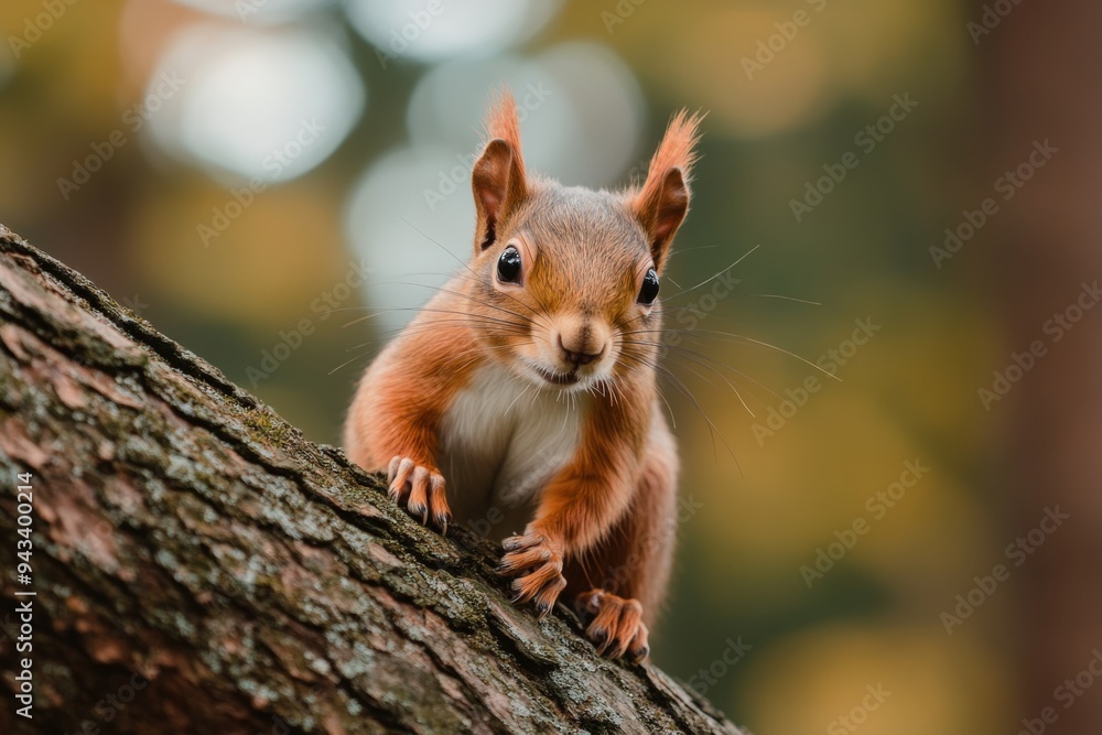 Cute close-up of a squirrel gripping onto a tree branch, showcasing the adorable nature of wildlife in its natural habitat, portrayed in a vivid and lively manner. Cute close-up of a squirrel gripping onto a tree branch, showcasing the adorable nature of wildlife in its natural habitat, portrayed in a vivid and lively manner.