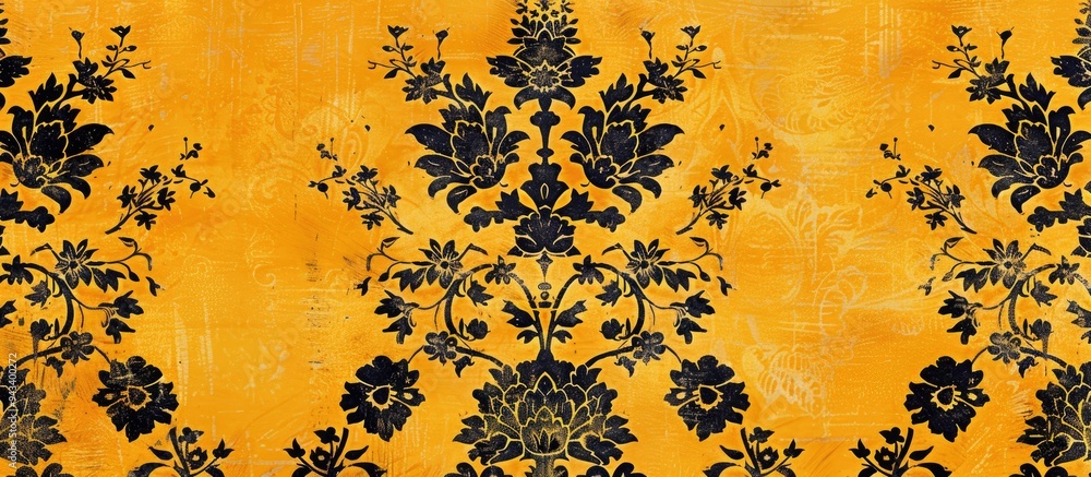 An antique Turkish Ottoman fabric showcasing yellow floral motifs in an oriental style on a seamless pattern background Horizontal close up copy space image An antique Turkish Ottoman fabric showcasing yellow floral motifs in an oriental style on a seamless pattern background Horizontal close up copy space image