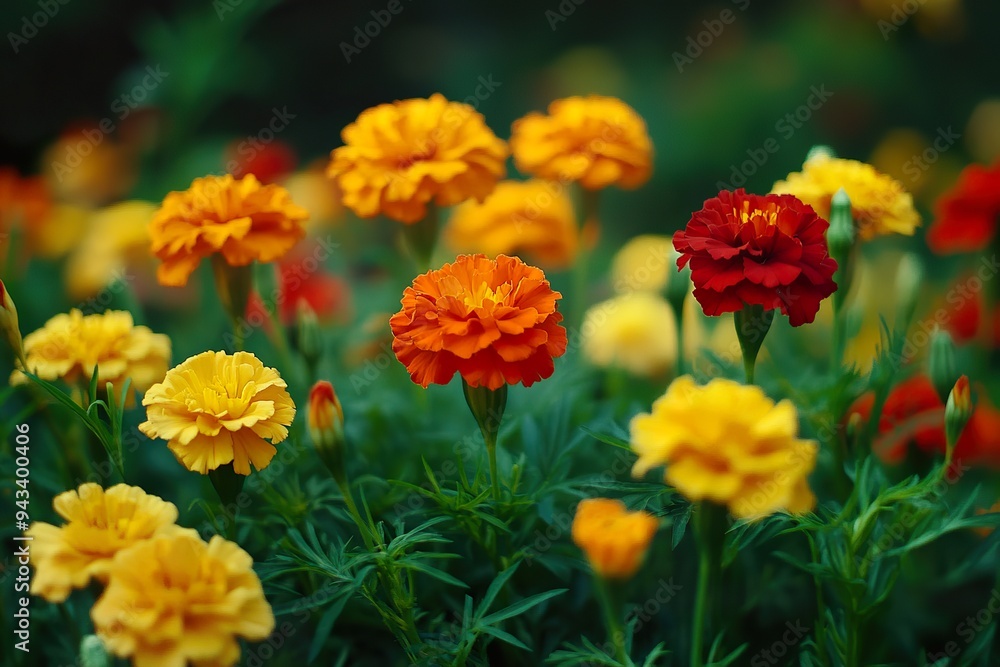 A bed of vibrant marigolds, with their bright orange and yellow petals standing out against green foliage A bed of vibrant marigolds, with their bright orange and yellow petals standing out against green foliage