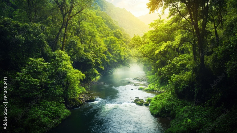 A river with a forest on either side A river with a forest on either side