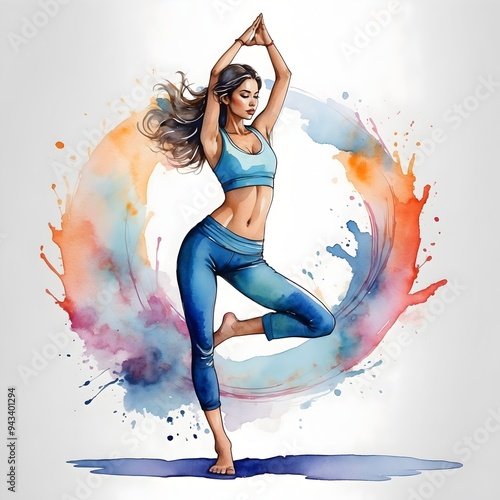 Colorart - Aquarell-Stil - Hübsche Frau in dynamischer Pose - Yoga photo