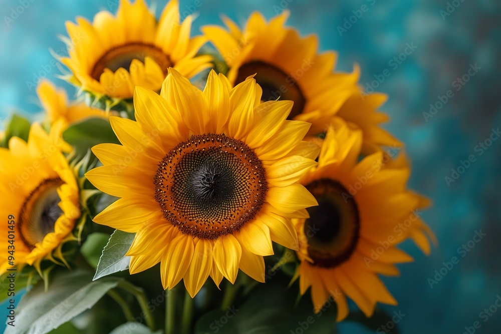 Fototapeta premium A bouquet of bright sunflowers, with their large, cheerful faces and tall green stems