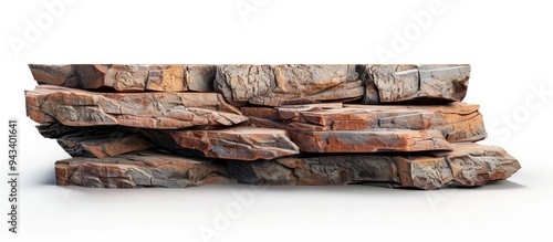 A podium made of brown cliff rock stone is showcased on a white background providing a clear area for text with clipping paths in place for easy editing. Creative banner. Copyspace image