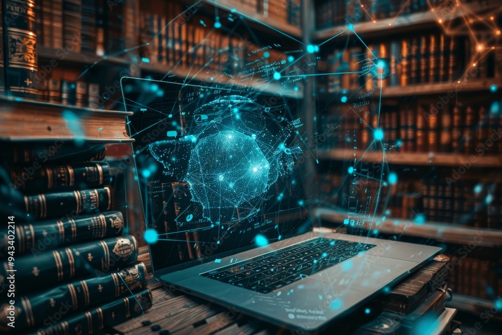 Holographic Projection of Digital Network on Laptop in Library, Knowledge and Technology Concept Holographic Projection of Digital Network on Laptop in Library, Knowledge and Technology Concept
