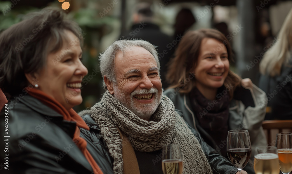 Fototapeta premium Joyful gathering of elderly friends sharing laughter and drinks in an outdoor setting, capturing the warmth of their companionship