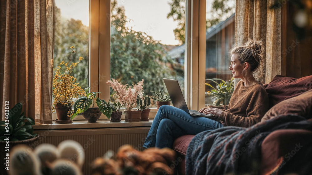 Obraz premium Young Woman Working Remotely from Cozy Window Nook