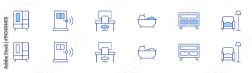 Home furniture icon set in two styles, Duotone and Thin Line style. Editable stroke. bath, cabinet, furniture, cupboard, door, workplace