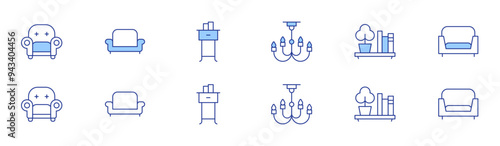 Home furniture icon set in two styles, Duotone and Thin Line style. Editable stroke. armchair, sofa, chandelier, nightstand, shelf