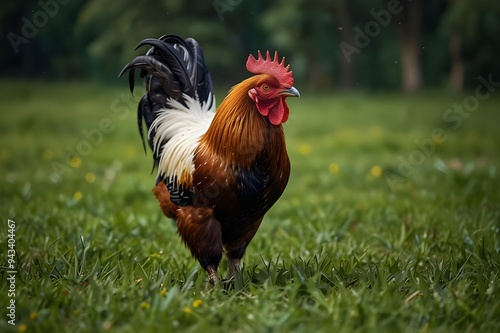 A majestic rooster with vibrant feathers, strutting proudly in a lush green field