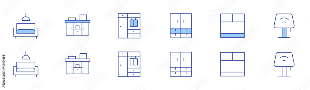 Home furniture icon set in two styles, Duotone and Thin Line style. Editable stroke. closet, living room, cupboard, cabinet, desk lamp, wardrobe Home furniture icon set in two styles, Duotone and Thin Line style. Editable stroke. closet, living room, cupboard, cabinet, desk lamp, wardrobe