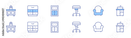 Home furniture icon set in two styles, Duotone and Thin Line style. Editable stroke. cabinet, stool, armchair, sink
