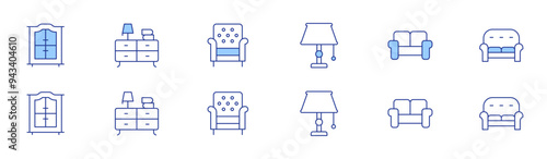 Home furniture icon set in two styles, Duotone and Thin Line style. Editable stroke. cabinet, night stand, armchair, table lamp, sofa