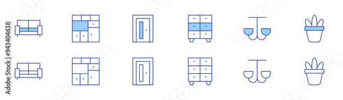 Home furniture icon set in two styles, Duotone and Thin Line style. Editable stroke. chest of drawers, ceiling light, sofa, house plants, closet, door
