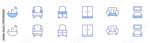 Home furniture icon set in two styles, Duotone and Thin Line style. Editable stroke. closet, sofa, sink, armchair, dressing table