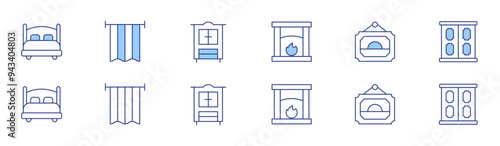 Home furniture icon set in two styles, Duotone and Thin Line style. Editable stroke. fireplace, picture, wardrobe, double bed, curtain, cupboard