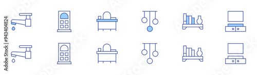 Home furniture icon set in two styles, Duotone and Thin Line style. Editable stroke. lamp, water tap, door, shelf, desk, home entertainment system