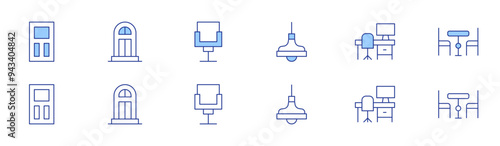 Home furniture icon set in two styles, Duotone and Thin Line style. Editable stroke. lamp, office, door, dinner table, chair
