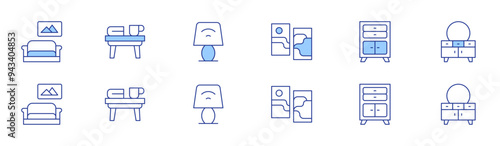 Home furniture icon set in two styles, Duotone and Thin Line style. Editable stroke. picture, sofa, drawers, dresser, coffee table, desk lamp