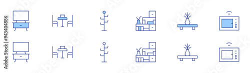 Home furniture icon set in two styles, Duotone and Thin Line style. Editable stroke. shelves, table, tv, coat stand, microwave