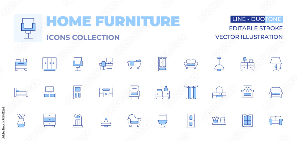 Home furniture icons collection. Line Duotone style, editable stroke. bed, cabinet, lamp, tv stand, door, chest of drawers, plant, armchair, dresser, dinner table, shelf, toilet, curtain Home furniture icons collection. Line Duotone style, editable stroke. bed, cabinet, lamp, tv stand, door, chest of drawers, plant, armchair, dresser, dinner table, shelf, toilet, curtain