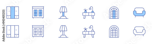 Home furniture icon set in two styles, Duotone and Thin Line style. Editable stroke. wardrobe, drawers, cabinet, window, sofa, table lamp