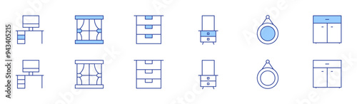 Home furniture icon set in two styles, Duotone and Thin Line style. Editable stroke. workplace, mirror, curtain, drawer, cupboard