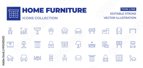 Home furniture icons collection. Thin Line icons, editable stroke. bedside table, cabinet, sofa, table lamp, curtain, dining table, armchair, dining room, dressing table, wooden chair